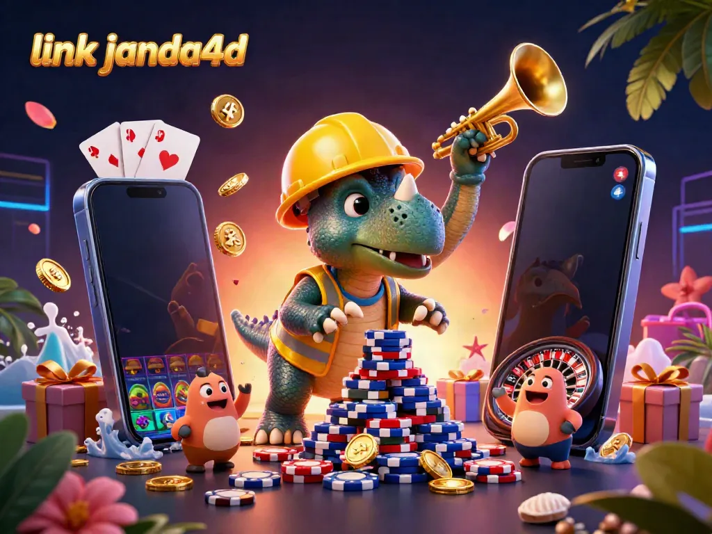 Menghadirkan link janda4d dalam ilustrasi kasino dengan triceratops dan piala poker di latar belakang, menciptakan suasana meriah.