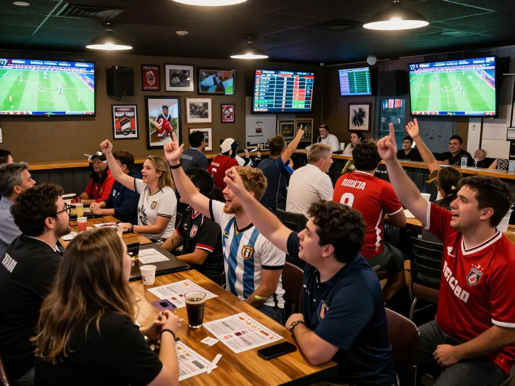 Kèo bóng đá betting excitement in a lively sports bar during a match, friendly atmosphere with fans cheering.