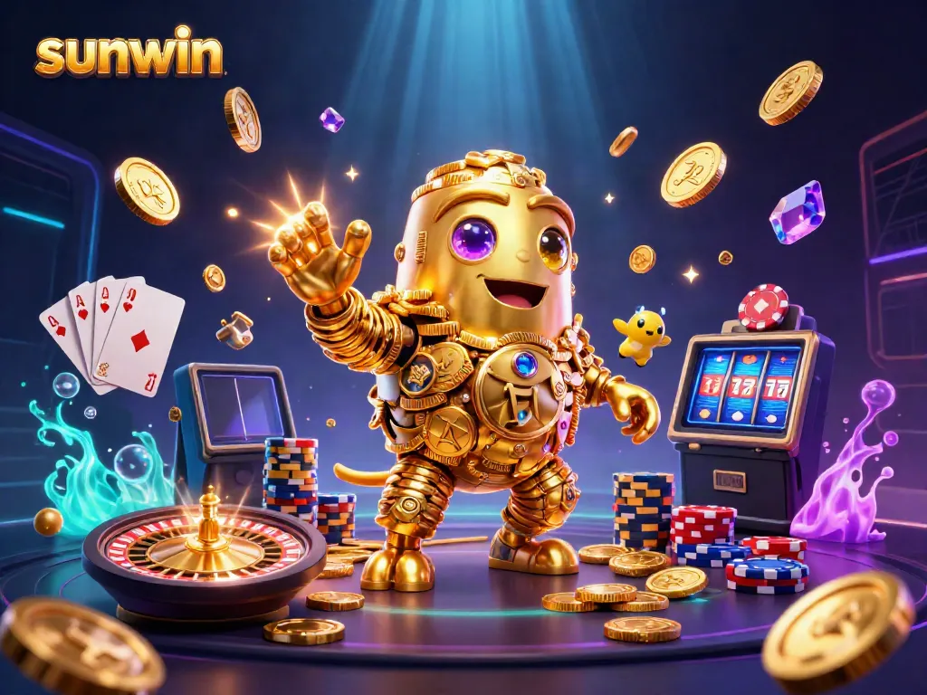 Engage in thrilling gameplay at sunwin with a vibrant, dynamic casino theme featuring gold coins and a silver golem.