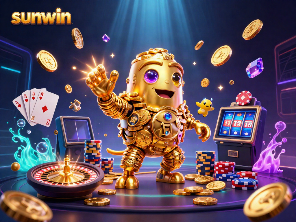 Engage in thrilling gameplay at sunwin with a vibrant, dynamic casino theme featuring gold coins and a silver golem.
