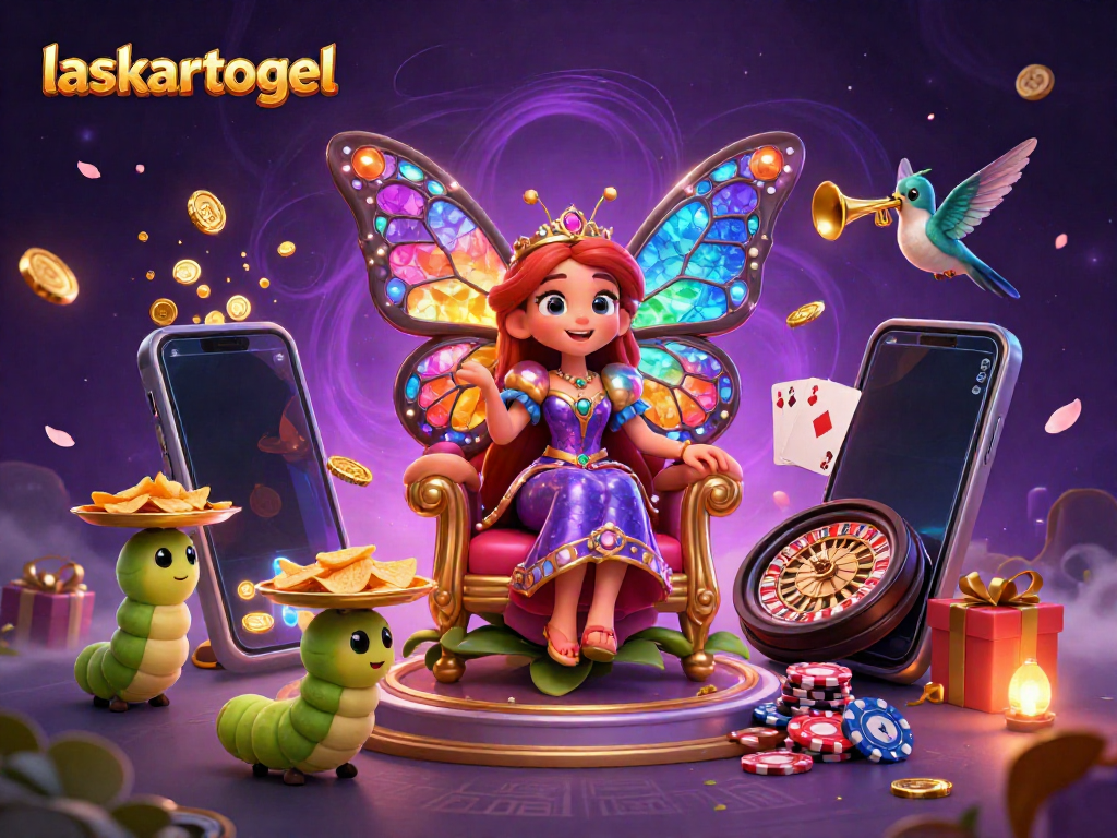 Capture the excitement of laskartogel with a vibrant scene featuring a magical butterfly queen among casino elements.