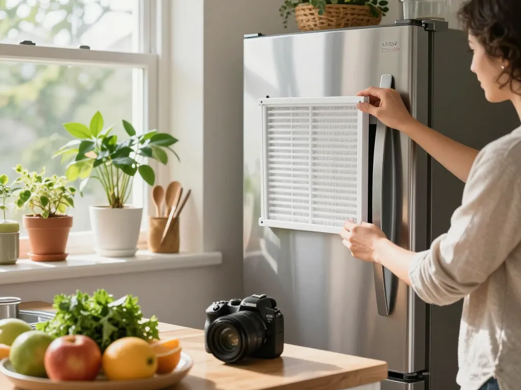 Waterdrop Replacement for LG® LT120F® Refrigerator Air Filter installation in a sunny kitchen.