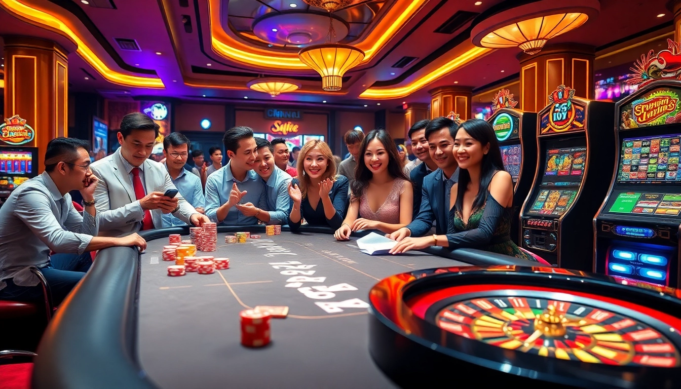 Engaging players enjoy the excitement of Game bài bomwin at a vibrant casino table with poker chips and cards.