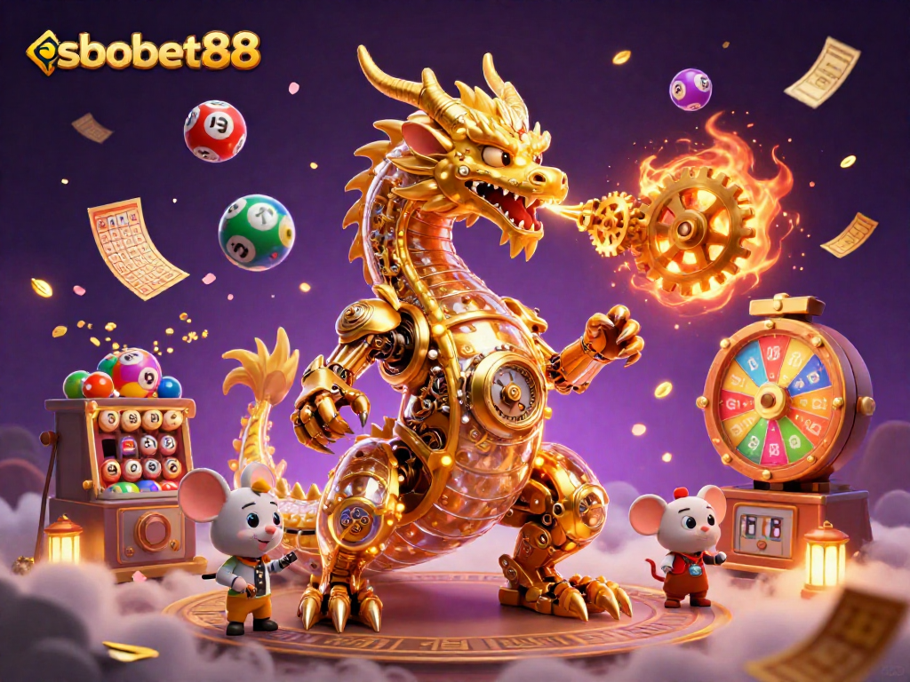 SBOBET88's vibrant gaming world with a golden dragon, cogs, and colorful lottery balls elevating the excitement of bookmakers.
