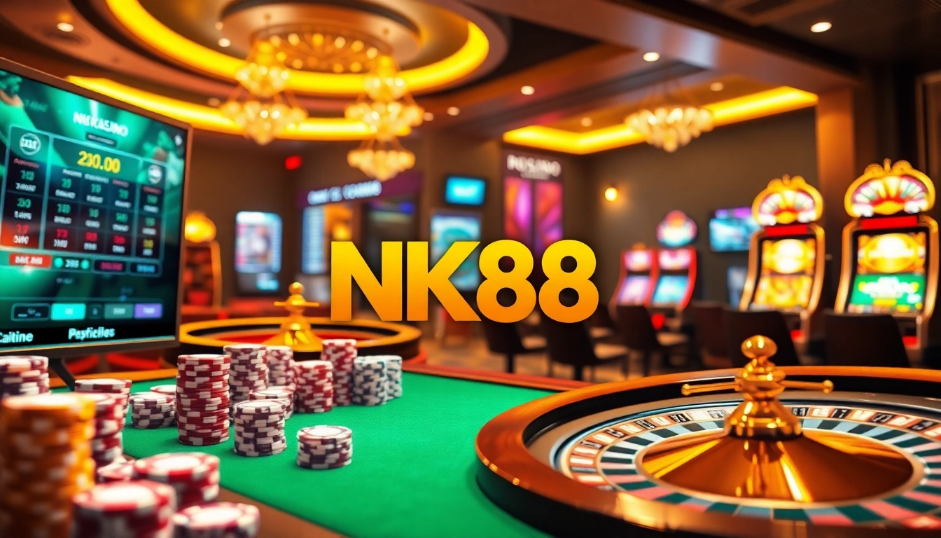 Engaging online casino action at NK88 with vibrant poker chips, roulette wheel, and slot machines.
