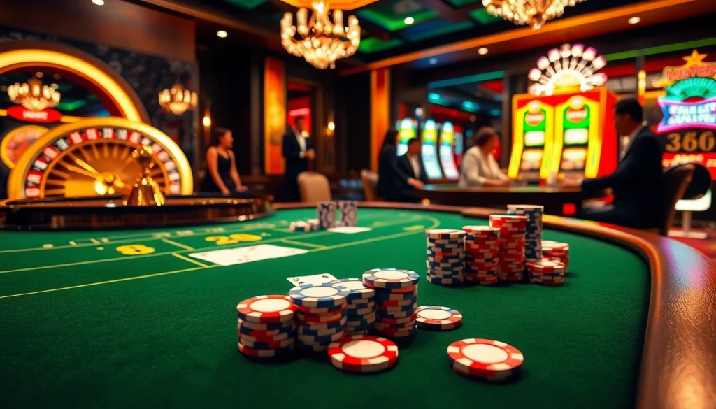 Players enjoying high-stakes gaming at bem88 casino, featuring vibrant roulette wheels and poker chips.