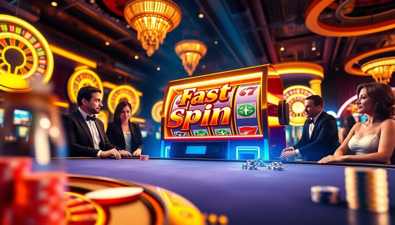 Players enjoying the Fast Spin slot machine at a luxurious casino, vibrant atmosphere with winning excitement.
