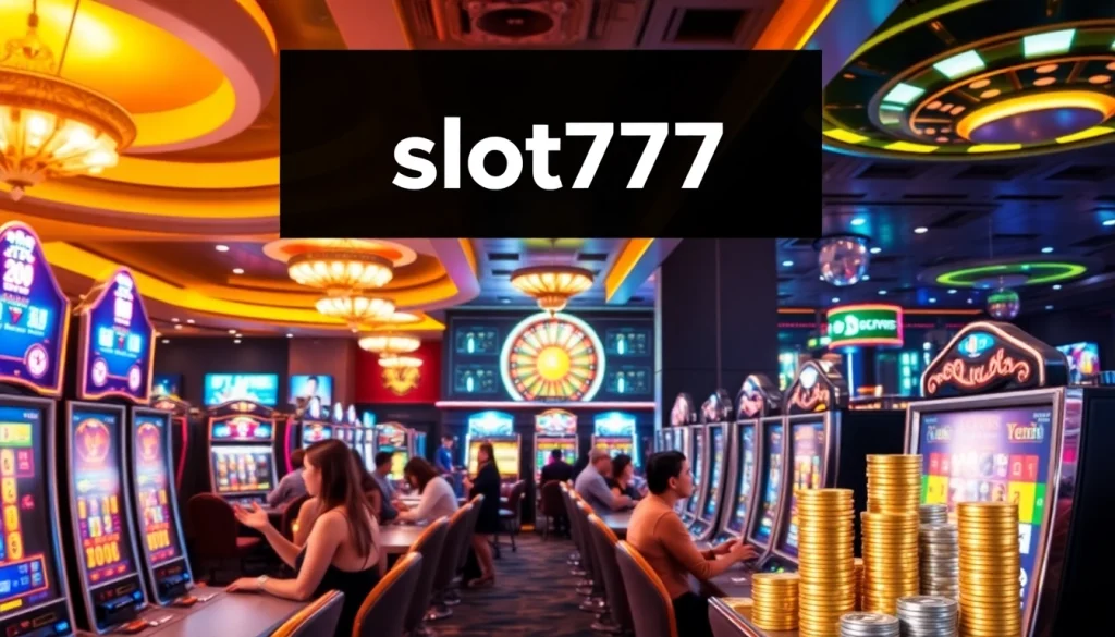 Excited players engaging with slot machines at Slot777 login, bright casino atmosphere.