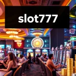 Excited players engaging with slot machines at Slot777 login, bright casino atmosphere.