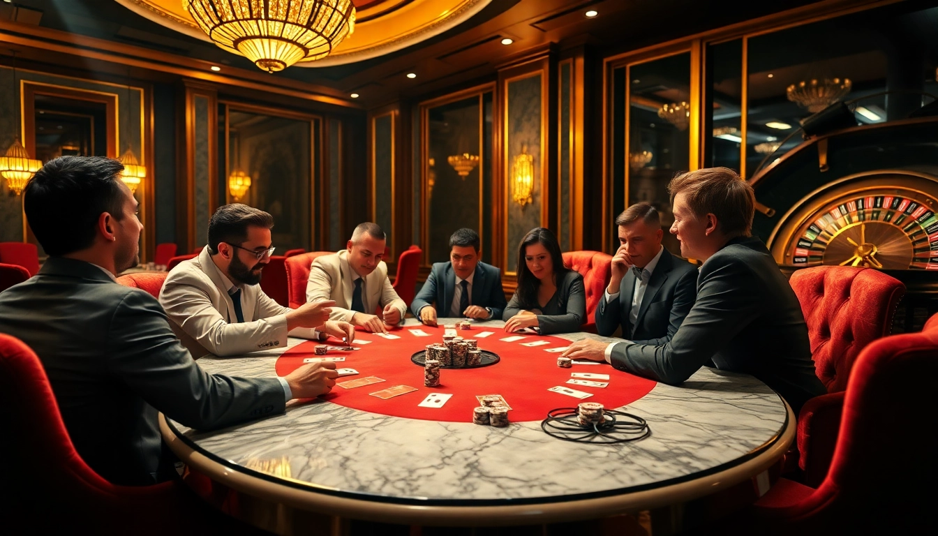 Excited players strategizing at a poker table, showcasing the elegance of i9bet gaming experience.