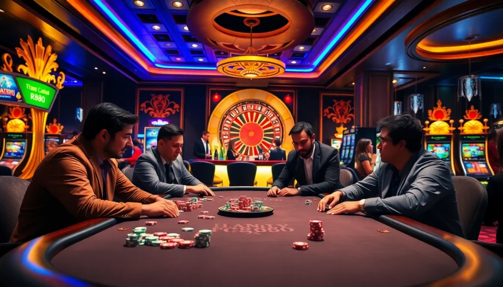 Exciting gaming experience at Trang chủ RR88 with poker players and roulette wheel in view.