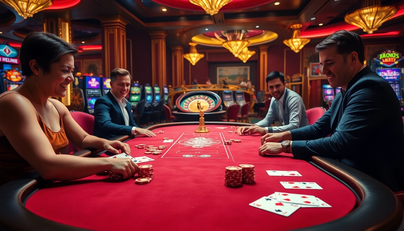 SODO66 players enjoying an exciting game at a luxurious casino table with cards and chips.