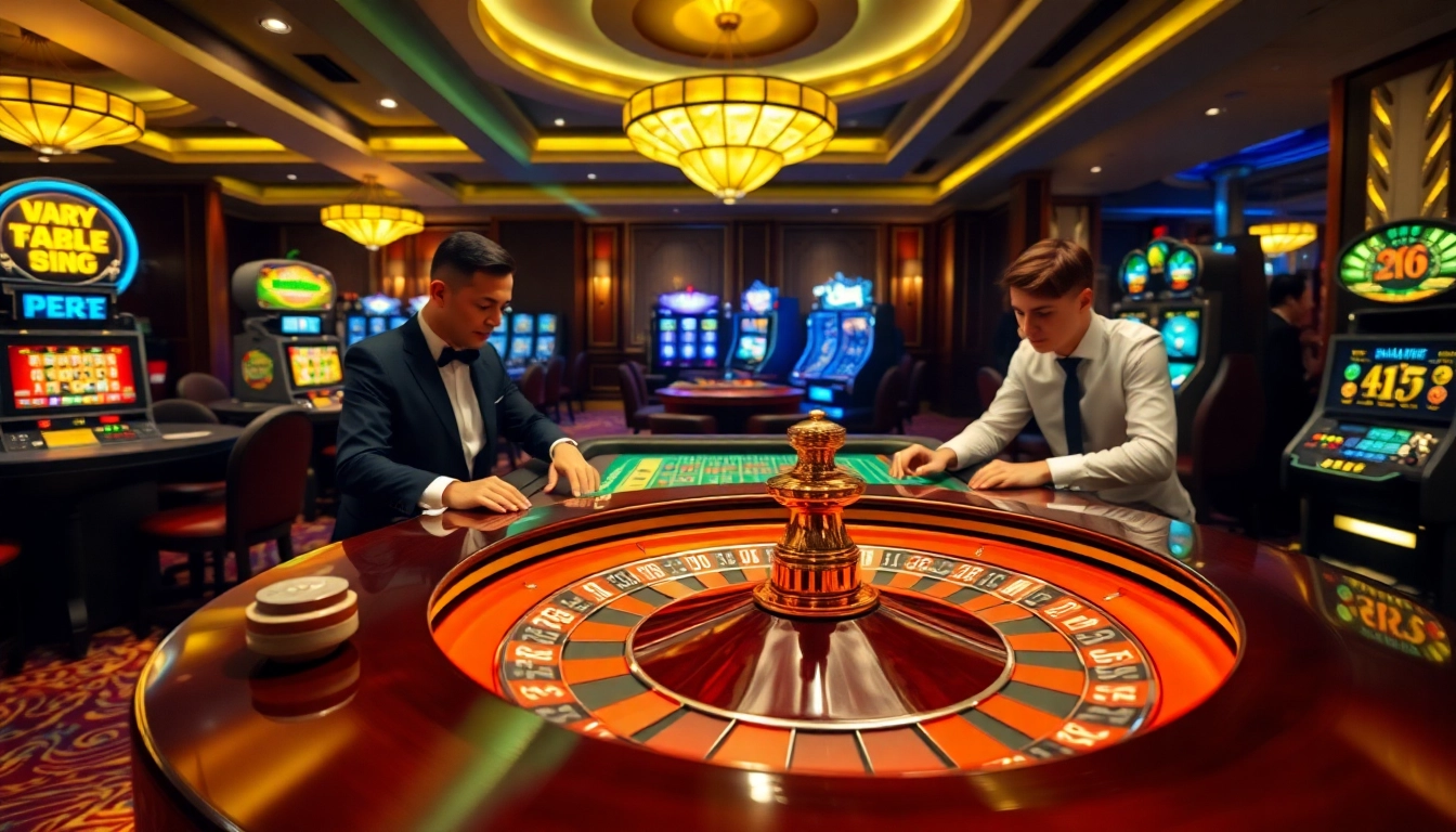 Experience the thrill of 79king nhà cái as players engage at a stunning roulette table in a luxurious casino.