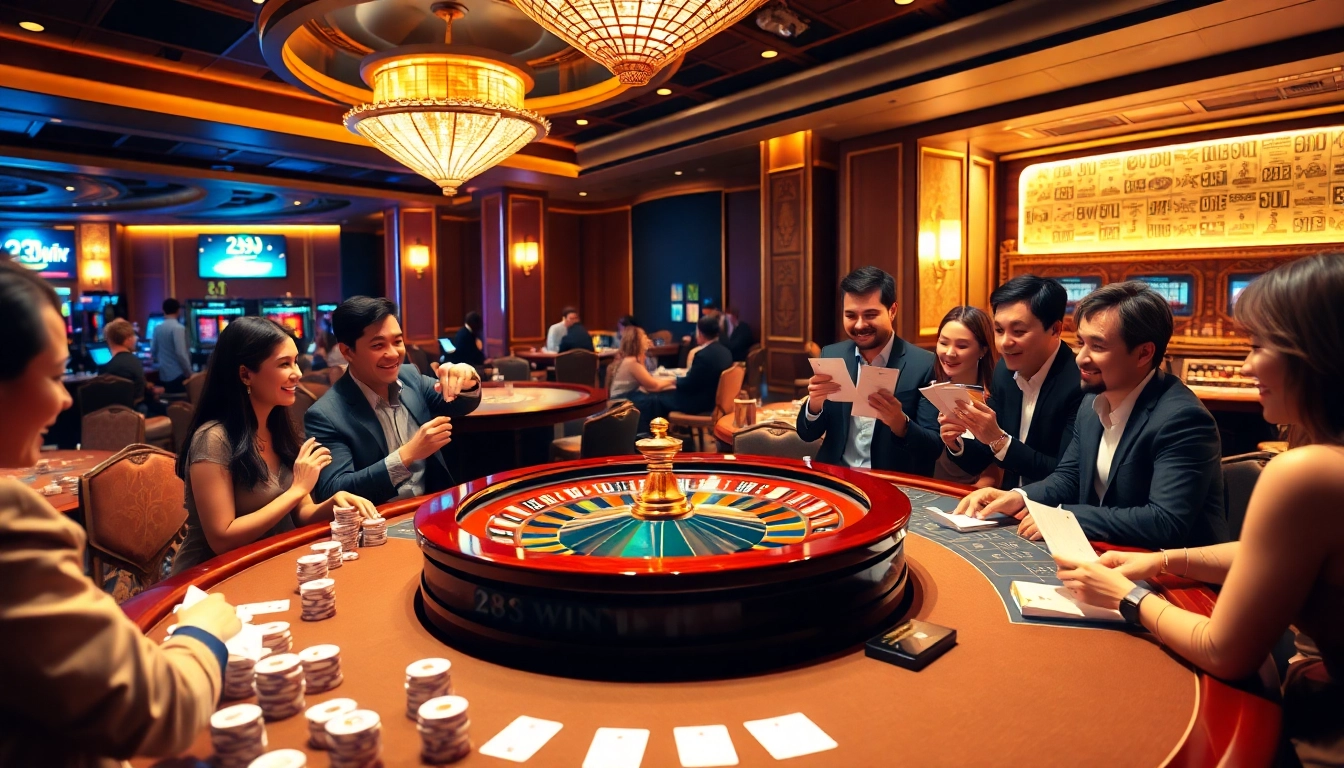Players enjoying thrilling games at 23win casino, with poker chips, roulette, and excitement.