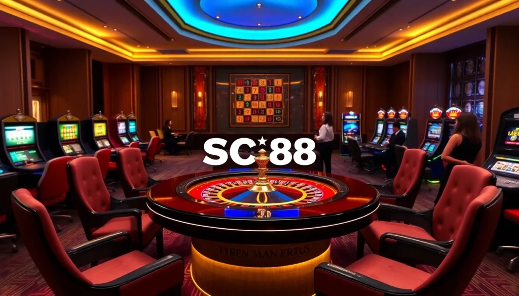Thương Hiệu Cá Cược SC88 featured in a luxurious online casino scene with roulette and vibrant slot machines.