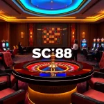 Thương Hiệu Cá Cược SC88 featured in a luxurious online casino scene with roulette and vibrant slot machines.