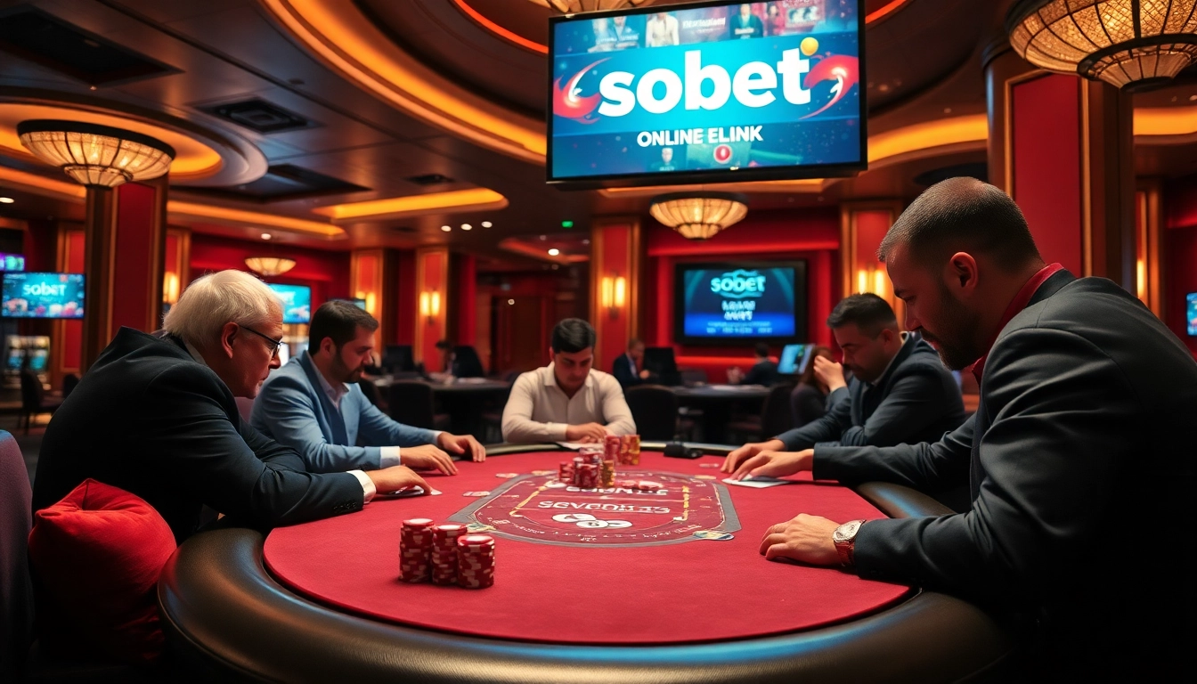 Players enjoying an exhilarating game at a poker table, featuring the sbobet link for online betting.