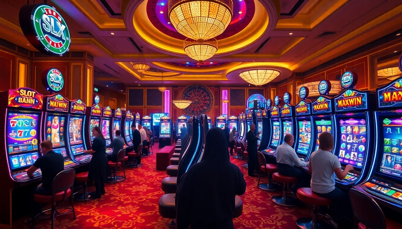 Experience thrilling Slot Maxwin action at a luxurious casino with vibrant gaming machines and excited players.