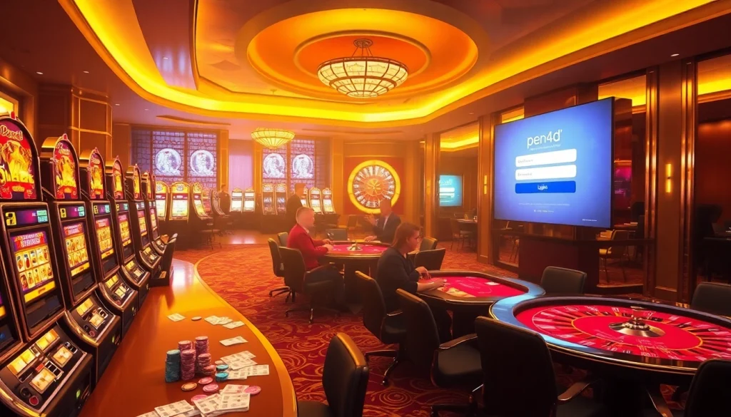 PEN4D login screen showcased within a vibrant casino scene filled with exciting slot machines and poker tables.