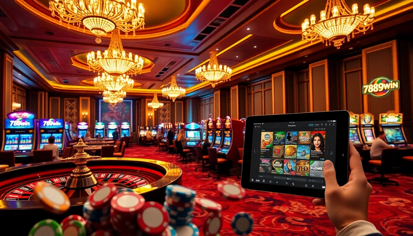Experience thrilling moments at 789win's vibrant casino atmosphere with gaming tables and slot machines.