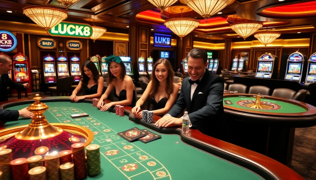 LUCK8 casino players enjoy a high-stakes game at luxurious tables with vibrant atmosphere.