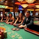 LUCK8 casino players enjoy a high-stakes game at luxurious tables with vibrant atmosphere.
