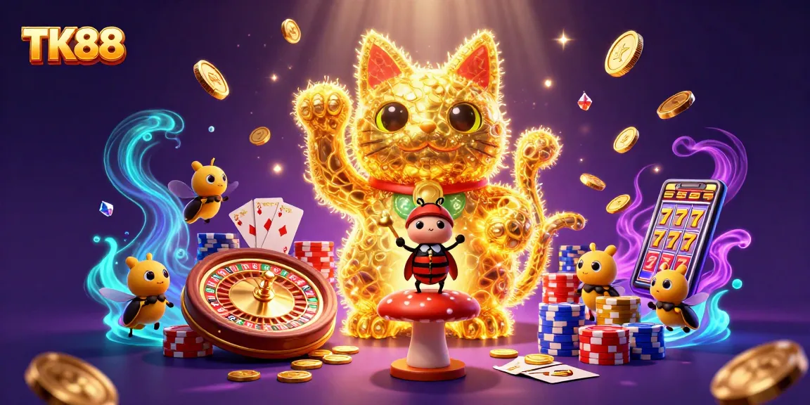 Experience TK88 with a mesmerizing golden lucky cat surrounded by vibrant casino elements.