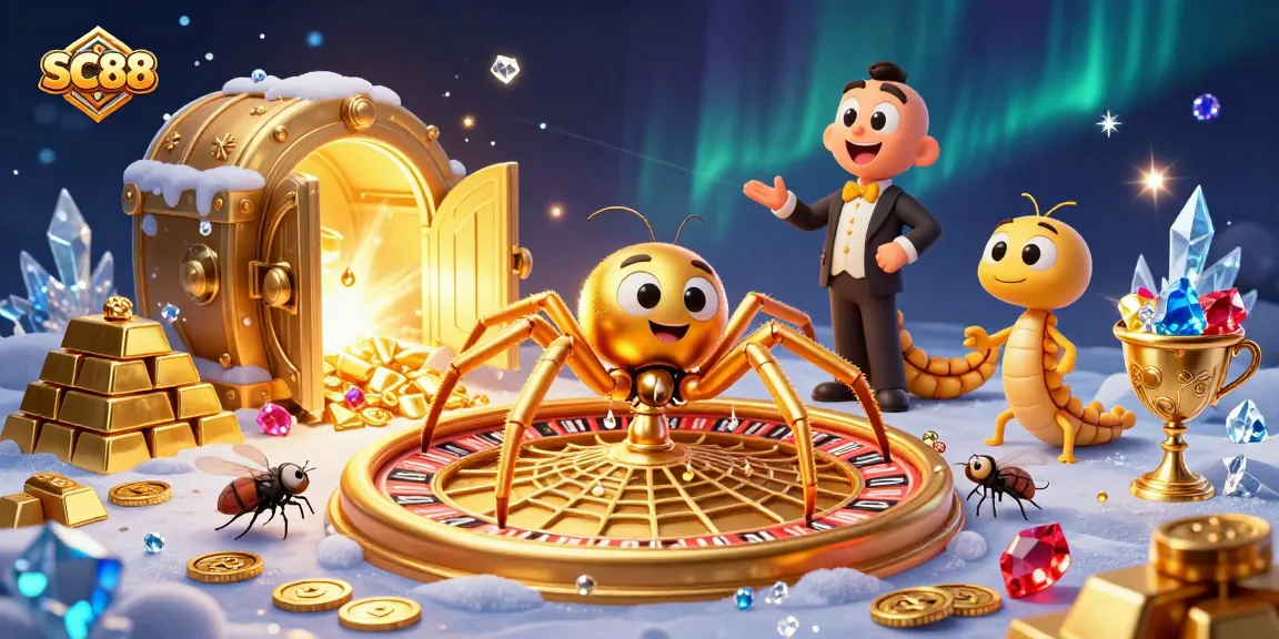Spin the roulette with SC88 as golden treasures and croupiers surround players in a vibrant casino world.