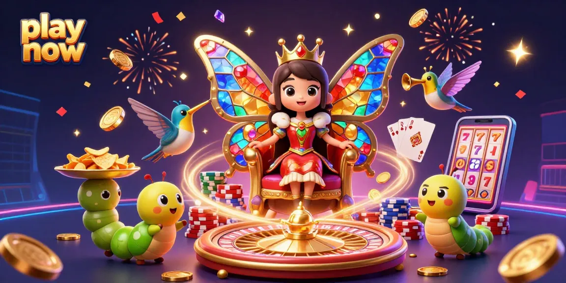 Play now in a vibrant 3D casino scene featuring a butterfly queen, coins, and playing cards.